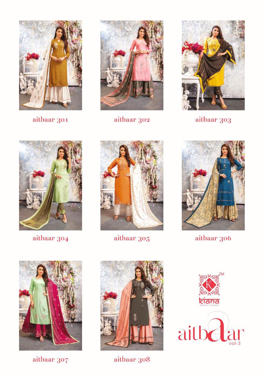 KIANA AITBAAR VOL-3 Latest Designer Fancy Festive Wear Rayon Top With Embroidery Work And Gold Print Readymade Salwar Suit Collection